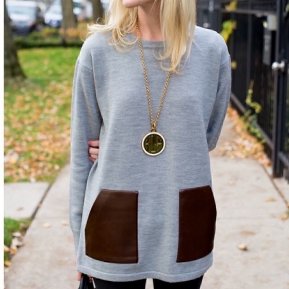 Jcrew merino wool gray sweater with brown faux pockets